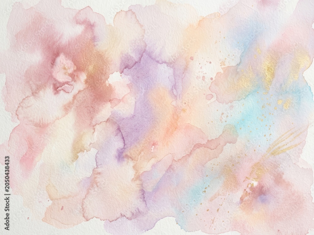 Obraz premium Watercolor texture background with soft pastel wash and golden paint splatter. Abstract artistic wallpaper design for creative project, invitation, wedding card and stationary decor.
