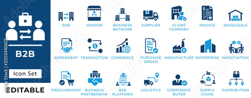 B2B Business Solid Icon Set. Supplier Vendor Commerce Partnership Supply Chain Vector Icons