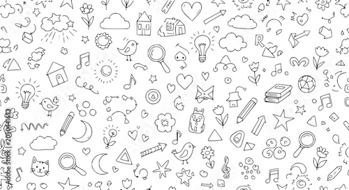 Hand drawn doodle seamless pattern with various charming sketch elements on a white background