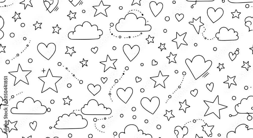 Fototapeta premium whimsical doodle pattern with hearts stars and clouds