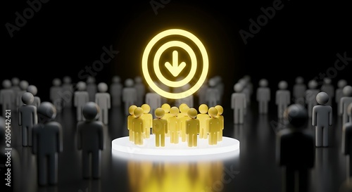 Yellow figures highlighted under glowing download icon above crowd