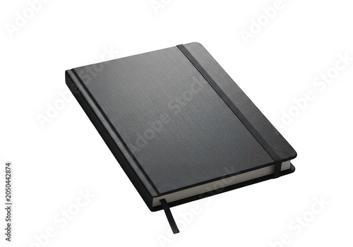A black leather notebook with elastic closure