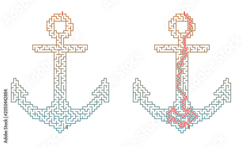 Anchor-shaped maze design with  for summer labyrinth printable  