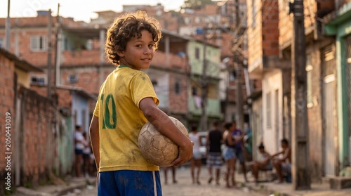 Portrait of a young Brazilian boy wearing a number 10 jersey and holding a worn soccer ball in the streets of a bustling community in a favela.