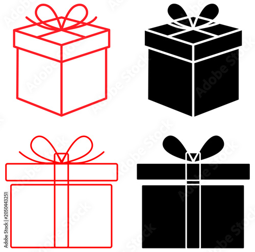 four gift box icons in outline and solid black and red styles
