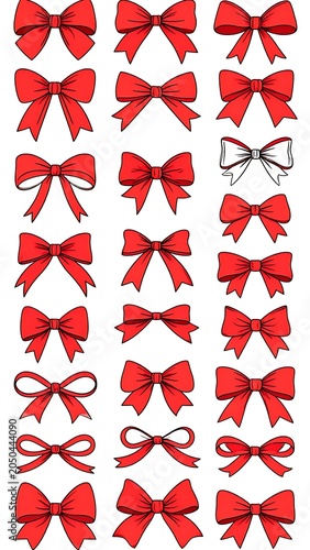 A collection of 20 red and 1 silver bows on a white background