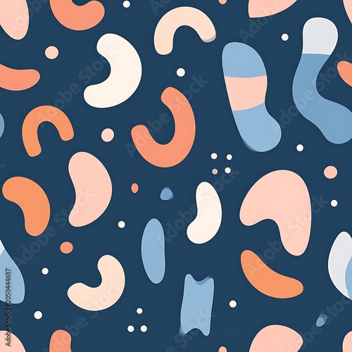 A colorful pattern of abstract shapes on a dark blue background