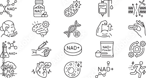 Fotografie Minimalist NAD+ Supplement Line Icons for Anti Aging Longevity Cellular Energy a