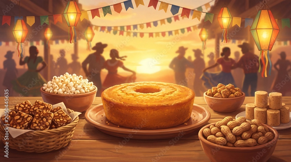 Fototapeta premium A festive wooden table featuring a traditional corn cake, popcorn, peanuts, and sweets during a Brazilian Festas Juninas celebration with sunset background.
