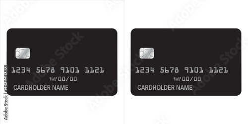 Photos Two black credit cards with emv chip, card number, expiration date, and cardhold