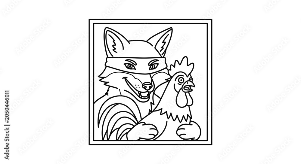Fototapeta premium Clever Fox Holding a Rooster in a Square Frame - Line Art Illustration