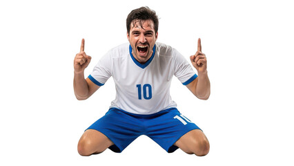 Joyful man celebrating with peace signs on white background