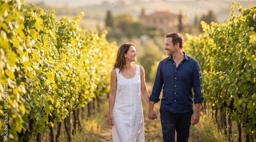 A romantic couple walks holding hands through rows of lush grapevines in a sunny Italian vineyard, enjoying a peaceful golden hour stroll together.