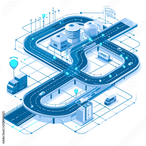 Isometric futuristic highway logistics and transportation hub design.