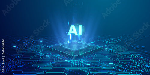 Artificial intelligence concept with AI text glowing over a square digital platform and circuit board background.