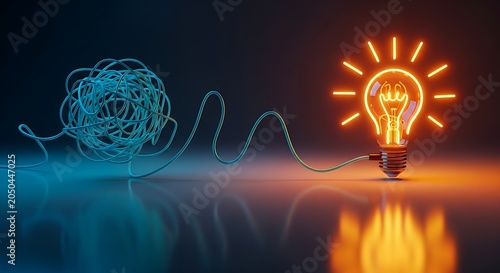 Glowing light bulb connected to tangled blue wire on dark background
