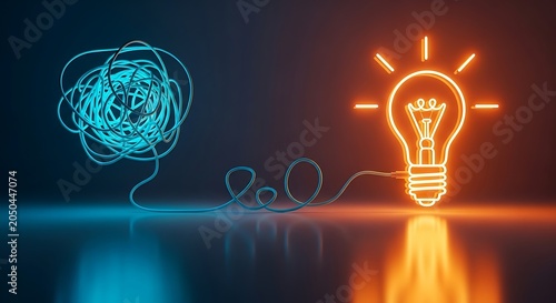 Tangled blue wire transforms into glowing orange light bulb idea