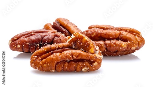 A close-up photo of four pecan nuts on a white background