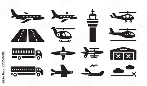 Aviation industry icons including helicopter runway plane hangar and ground support truck.