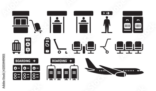 Quadro su tela Airport check-in and waiting area icons with boarding pass.