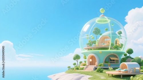 海を背景にしたガラスドーム内に植物が配置されたパステルカラーの近未来的な建物の3Dイラスト、エコロジーのコンセプトイメージ