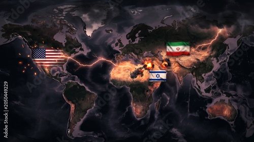Global Geopolitical Crisis Concept with Explosive Middle East Conflict and World Map