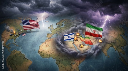 Global Geopolitical Crisis Concept with Explosive Middle East Conflict and World Map