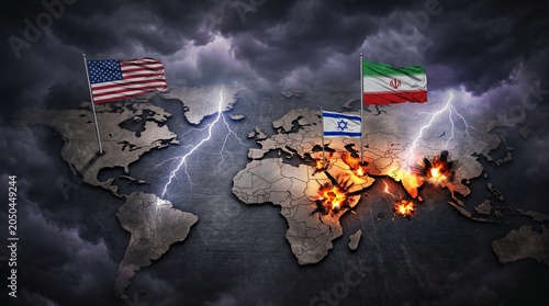 Global Geopolitical Crisis Concept with Explosive Middle East Conflict and World Map