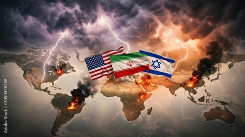 Global Geopolitical Crisis Concept with Explosive Middle East Conflict and World Map