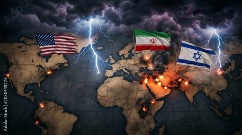 Global Geopolitical Crisis Concept with Explosive Middle East Conflict and World Map