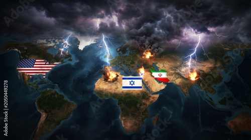 Global Geopolitical Crisis Concept with Explosive Middle East Conflict and World Map