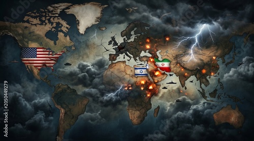 Global Geopolitical Crisis Concept with Explosive Middle East Conflict and World Map