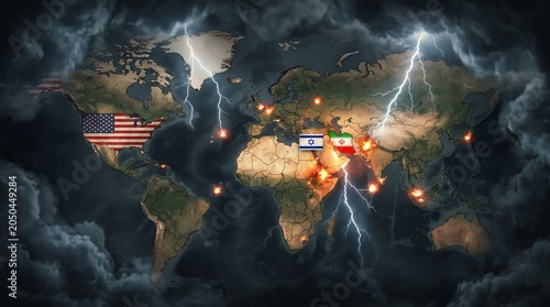 Global Geopolitical Crisis Concept with Explosive Middle East Conflict and World Map