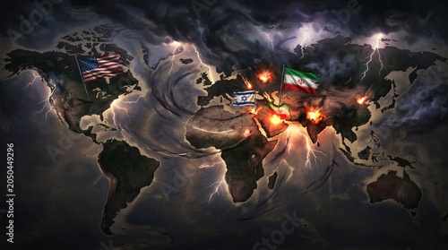 Global Geopolitical Crisis Concept with Explosive Middle East Conflict and World Map