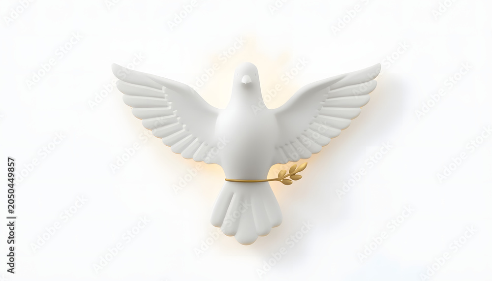 Fototapeta premium Elegant white dove sculpture featuring smooth matte textures and a metallic gold olive branch held in its beak isolated against a clean soft glowing white background in a minimalist style.