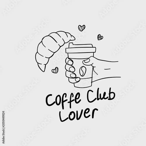 Doodle vector of hand holding coffee cup and croissant 