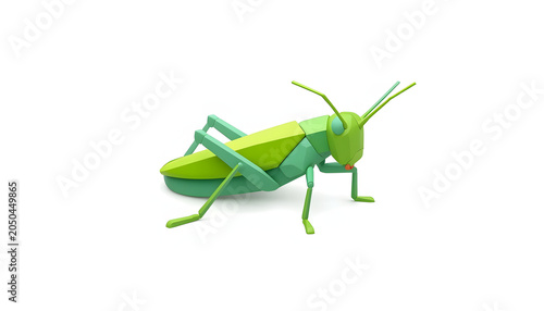 Bright green grasshopper featuring a stylized low poly design with sharp geometric angles and smooth surfaces isolated on a clean white background created with modern three dimensional digital art tec