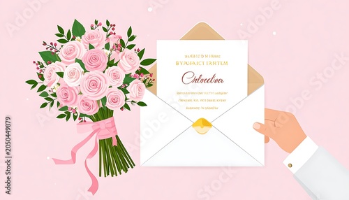 A hand holds an invitation letter with a bouquet of pink roses