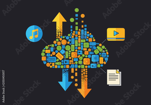 Fotografia Cloud storage concept with multimedia icons and upload arrows.