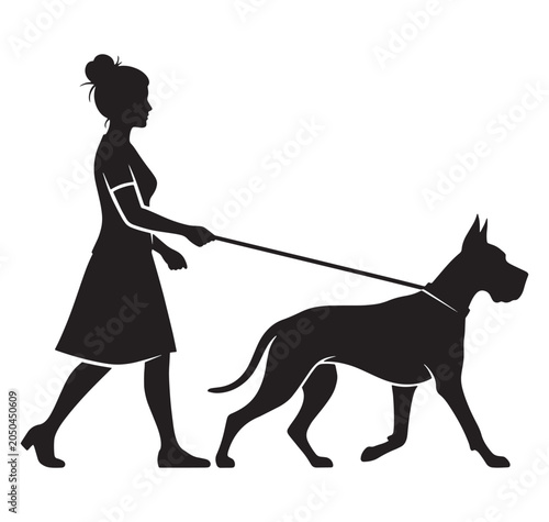 woman walking a large dog on a leash in profile view