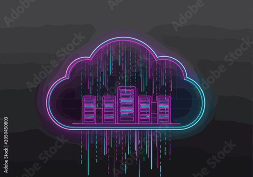 Glowing neon cloud silhouette housing data center server racks.