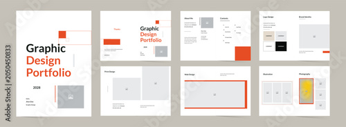 Minimalist graphic design portfolio layout template with abstract orange geometric elements, 12 pages corporate brochure