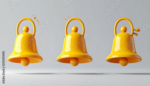 Three shiny gold bells with handles on a gray background