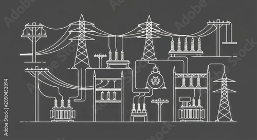Electrical power grid infrastructure with substations and transmission towers.