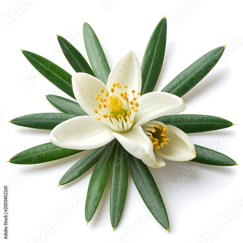 A white flower with yellow stamens surrounded by green leaves