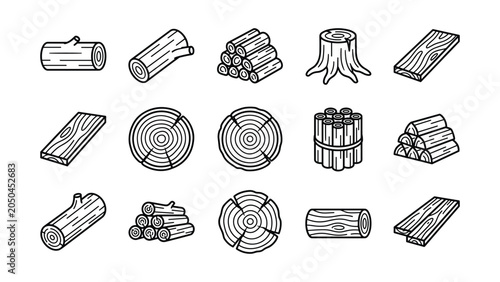 Bild auf Leinwand Set of wood log and lumber doodle icons.