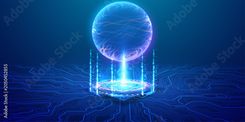 Foto Quantum computing and digital transformation with glowing sphere and data transfer on blue circuit board