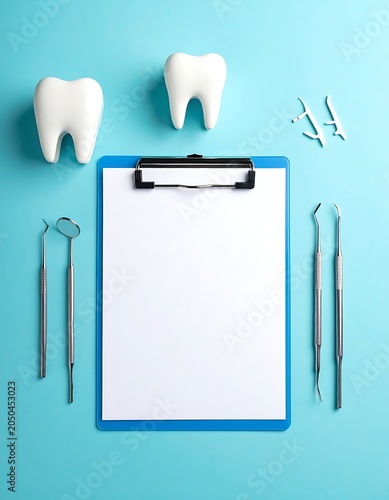 Dental tools and teeth models on clipboard