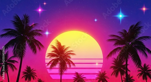 Vibrant tropical sunset with palm trees.