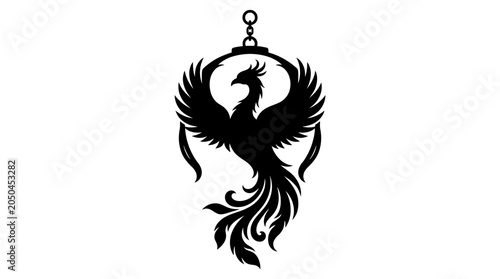 Tableau sur toile A detailed black silhouette of a phoenix bird inside a circular frame with a chain link